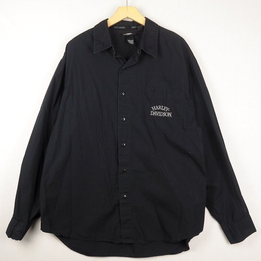 Harley Davidson Motor Long Sleeve Embroidered Logo Button Up Shirt Mens XL Black